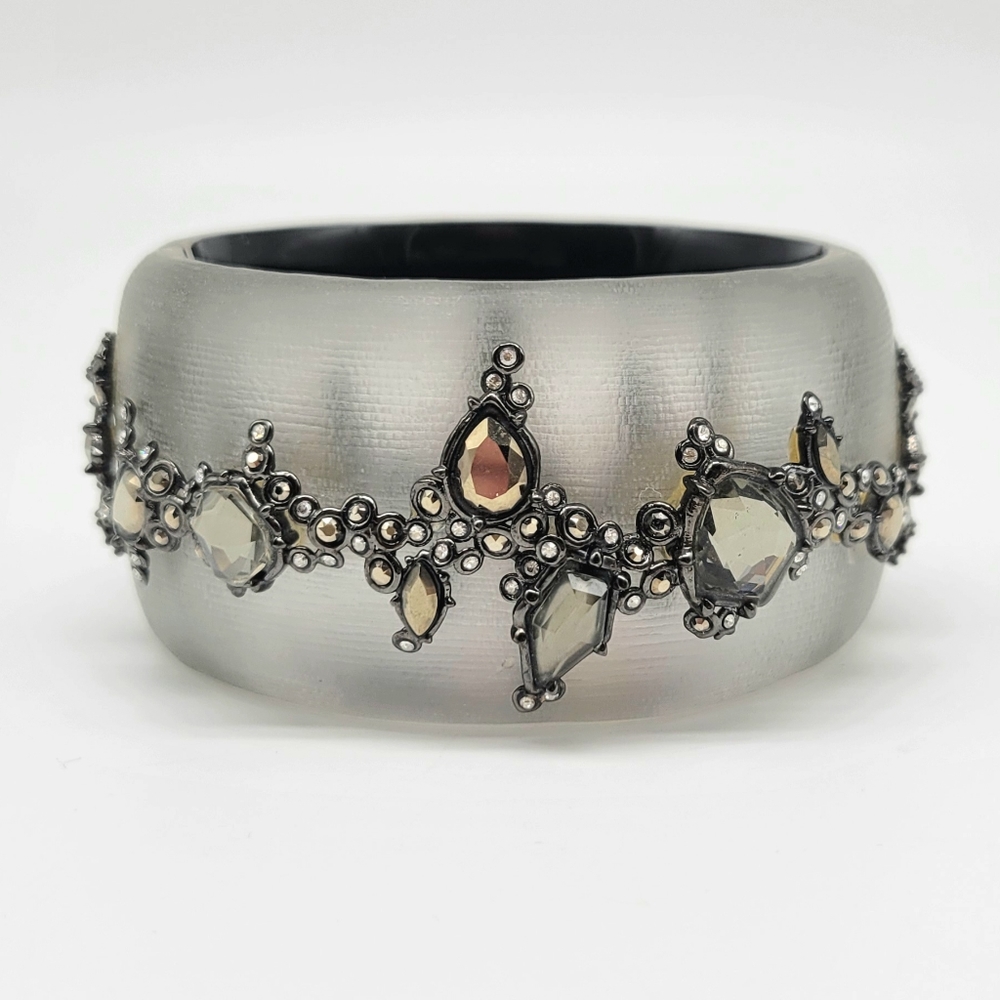 Alexis Bittar Silver Lucite Hinged Bangle with Hematite Swarovski Crystals